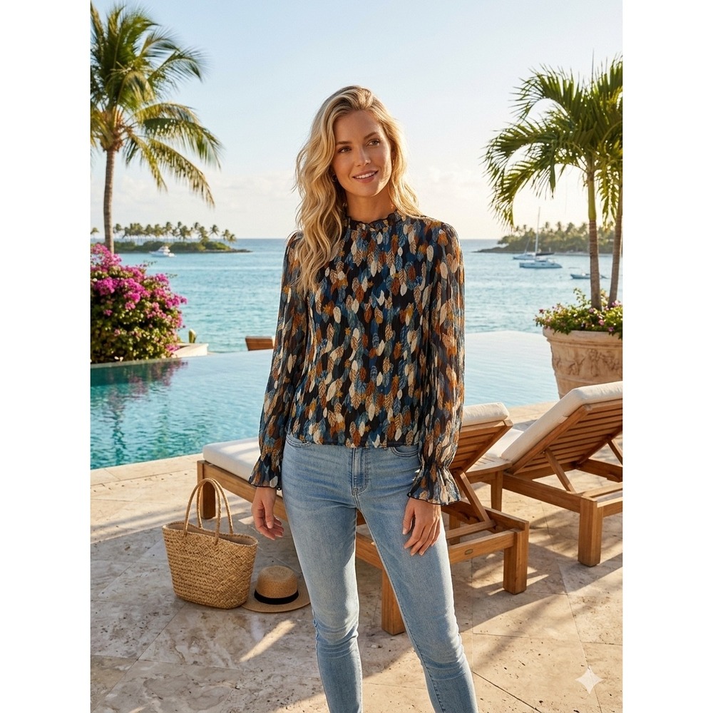 NWT Cupshe Boho Leaves Blouse Blue Large Flowy‎
